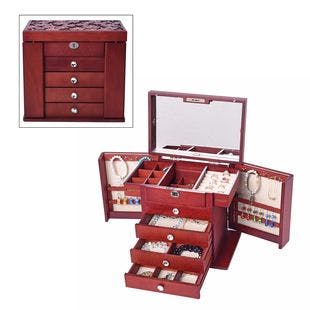 Buy Burgundy Wooden Carved Flower with Crystal 5 Tier Jewelry Box with Large Mirror and Key Lock at ShopLC.