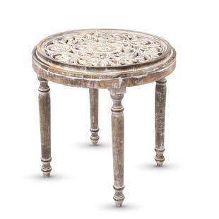 Buy NAKKASHI Wooden Handcarved Scroll Pattern Table with Glass at ShopLC.