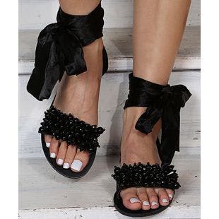 PAOTMBU Black Beaded Ankle-Tie Sandals - Women | Best Price and Reviews | Zulily