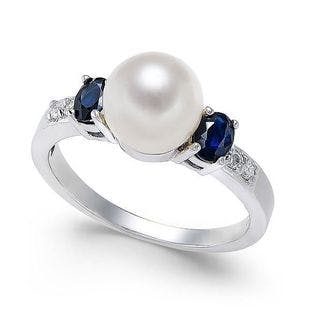 Macy's Cultured Freshwater Pearl (7mm), Sapphire (5/8 ct. t.w.) & Diamond Accent Ring in 14k White Gold & Reviews - Rings - Jewelry & Watches - Macy's