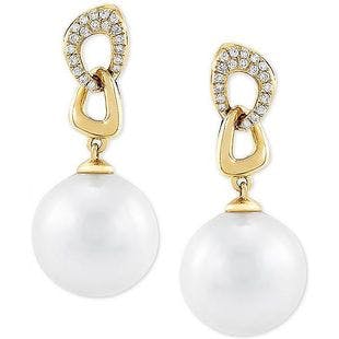 Honora Cultured White Ming Pearl (12mm) & Diamond (1/6 ct. t.w.) Drop Earrings in 14k Gold & Reviews - Earrings - Jewelry & Watches - Macy's