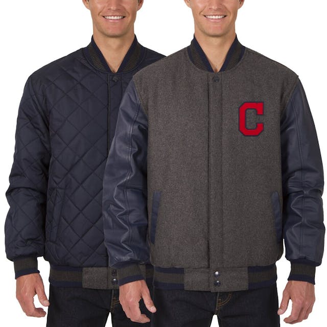 Men's Cleveland Indians JH Design Charcoal/Navy Wool Leather Reversible Full-Snap Jacket | MLB Shop