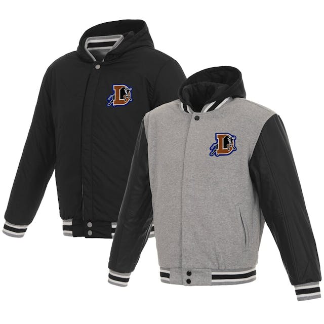 Men's Durham Bulls JH Design Gray/Black Reversible Fleece Full-Snap Hoodie with Faux Leather Sleeves | MLB Shop