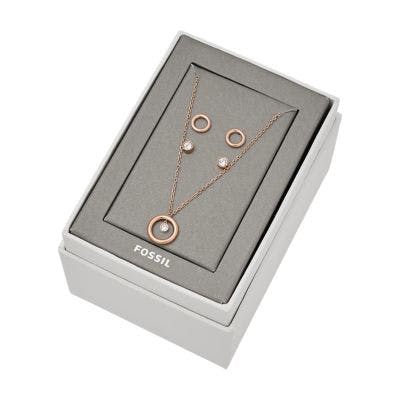 Fossil Rose Gold-Tone Steel Studs and Necklace Gift Set