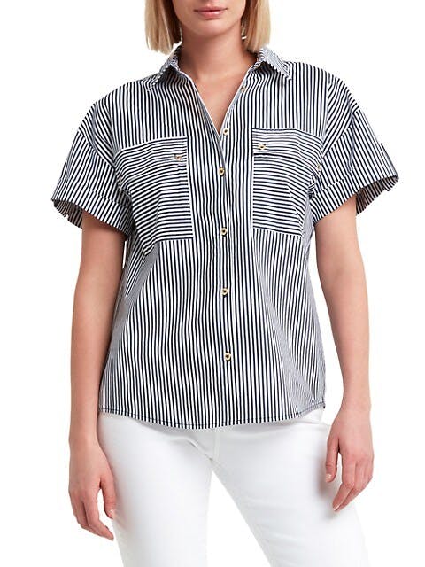 H Halston Striped Short-Sleeve Collared Patch Pocket Shirt