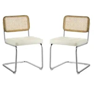  SIASY Off White Faux Leather Accent Cane Side Chair with Woven Rattan Oak Wood Backrest, Chromed Metal Frame (Set of 2) | The Home Depot