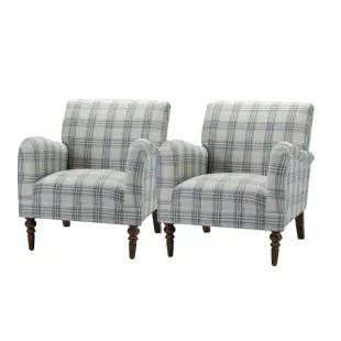  Mandan Blue Upholstered Comfy Amchair with Plaid Pattern (Set of 2) | The Home Depot