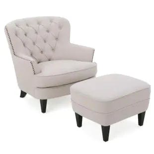 Noble House Tafton Natural Fabric Tufted Club Chair and Ottoman Set | The Home Depot