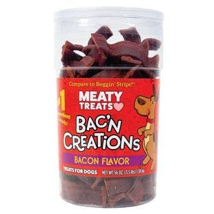 MEATY TREATS Bac'n Creations Bacon Flavor Strips Soft & Chewy Dog Treats, 56-oz canister - Chewy