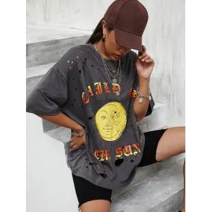Sun Moon & Letter Graphic Ripped Oversized Tee | SHEIN USA
