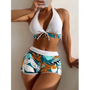 Plant Print Halter Shorts Bikini Swimsuit | SHEIN USA