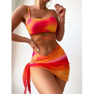 3pack Ombre Lace Up Bikini Swimsuit & Beach Skirt | SHEIN USA