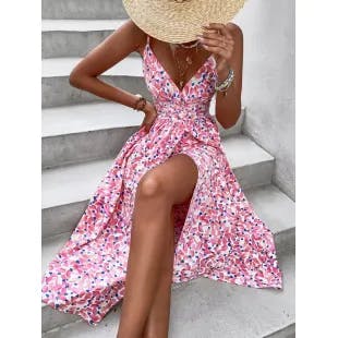 Allover Print Split Thigh Shirred Dress | SHEIN USA