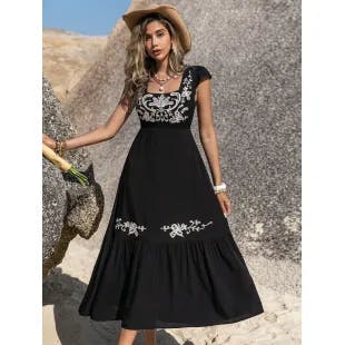 Rusttydustty Floral Embroidery Square Neck Ruffle Hem Dress | SHEIN USA
