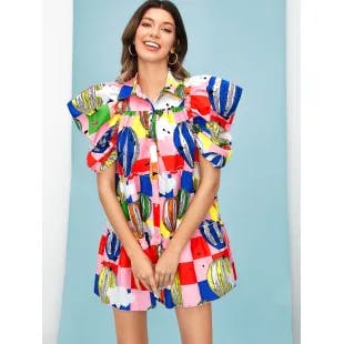 SHEIN X SHAQUITA GARCIA Hot Air Balloon Print Puff Sleeve Ruffle Hem Smock Dress | SHEIN USA