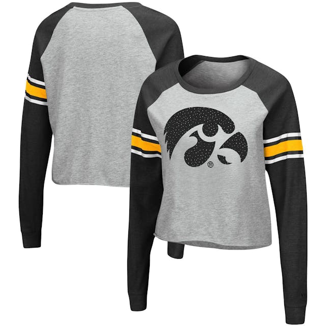 Women's Colosseum Heathered Gray/Black Iowa Hawkeyes Decoder Pin Raglan Long Sleeve T-Shirt