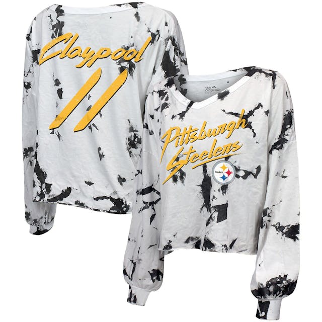 Women's Chase Claypool White/Black Pittsburgh Steelers Off-Shoulder Tie-Dye Name & Number Long Sleeve V-Neck T-Shirt