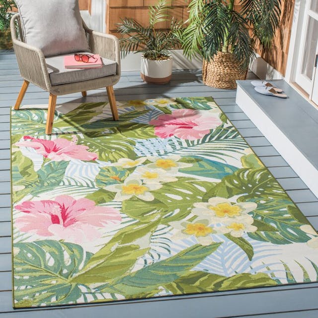 Bayou Breeze Ithaca Floral Indoor / Outdoor Area Rug in Green/Pink & Reviews | Wayfair