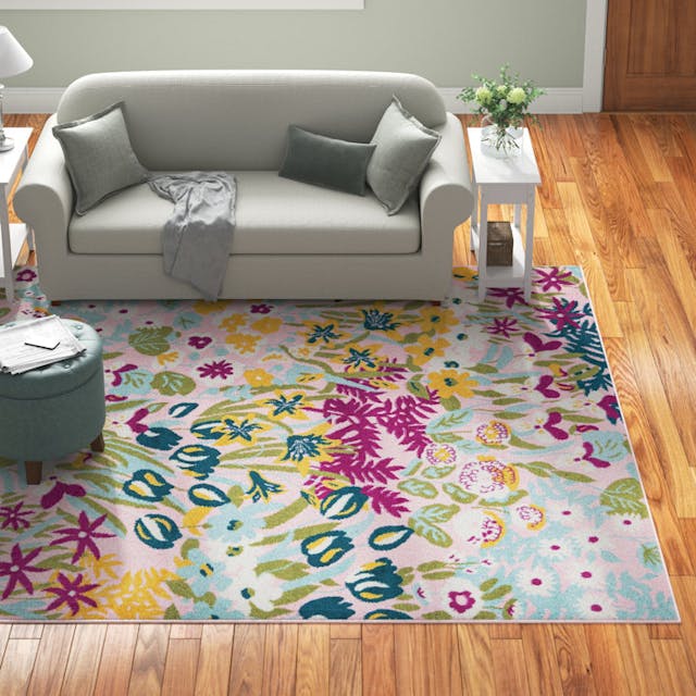 Andover Mills™ Holle Floral Area Rug in Teal/Yellow/Purple/Pink & Reviews | Wayfair