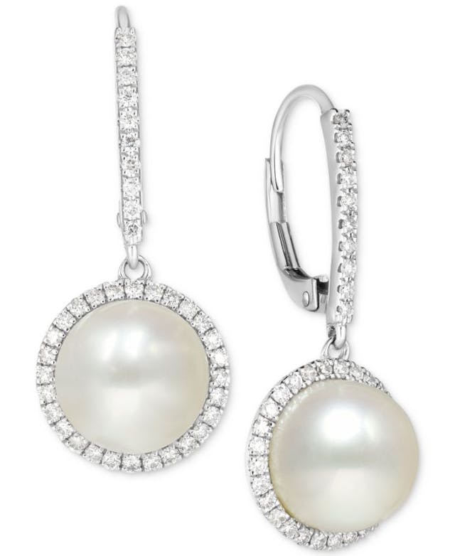 Macy's Cultured Freshwater Pearl (9mm) and Diamond (1/2 ct. t.w.) Halo Drop Earrings in 14k White Gold & Reviews - Earrings - Jewelry & Watches - Macy's
