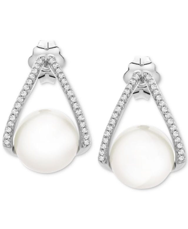 Macy's Cultured Freshwater Pearl (8-1/2mm) & Diamond (1/10 ct. t.w.) Drop Earrings in Sterling Silver & Reviews - Earrings - Jewelry & Watches - Macy's