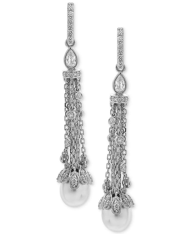 Arabella Cultured Freshwater Pearl (8 x 10mm) & Swarovski Zirconia Linear Drop Earrings in Sterling Silver & Reviews - Earrings - Jewelry & Watches - Macy's