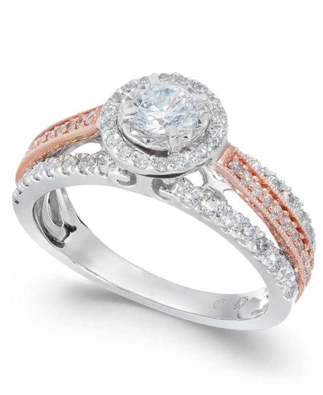 Macy's Diamond Two Tone Halo Engagement Ring (1 ct. t.w.) in 14k White Gold and 14k Rose Gold & Reviews - Rings - Jewelry & Watches - Macy's