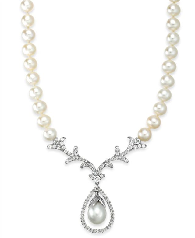 Arabella Bridal Cultured Freshwater Pearl (8mm) and Swarovski Zirconia  Necklace in Sterling Silver & Reviews - Necklaces  - Jewelry & Watches - Macy's