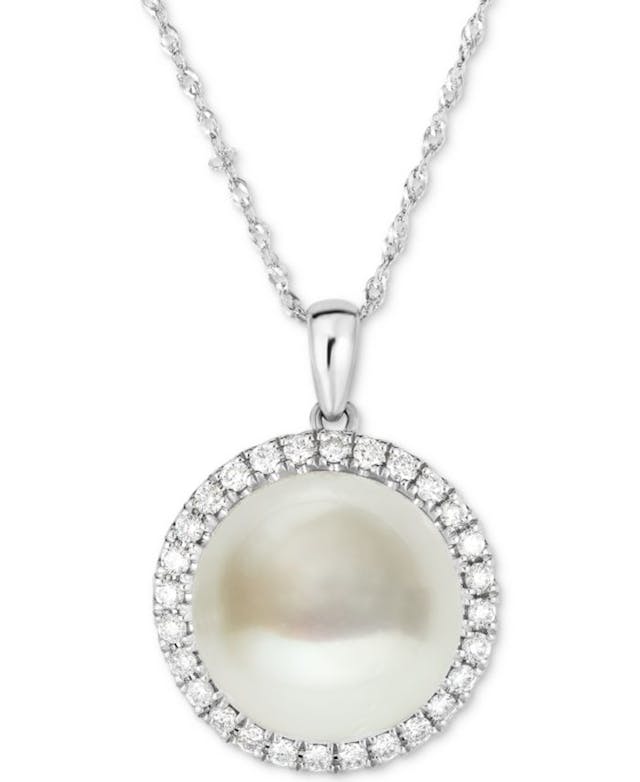 Macy's Cultured South Sea Pearl (12mm) and Diamond (1/3 ct. t.w.) Halo Necklace in 14k White Gold, 16" + 2" extender & Reviews - Necklaces  - Jewelry & Watches - Macy's