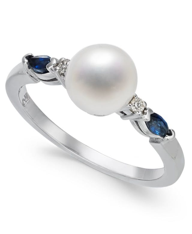 Macy's Cultured Freshwater Pearl (7mm), Sapphire (1/4 ct. t.w.) & Diamond Accent Ring in 14k White Gold & Reviews - Rings - Jewelry & Watches - Macy's