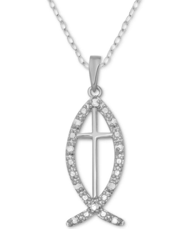 Macy's Diamond Jesus Fish & Cross 18" Pendant Necklace (1/10 ct. t.w.) in Sterling Silver & Reviews - Necklaces  - Jewelry & Watches - Macy's