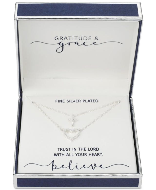 Unwritten Gratitude & Grace Cubic Zirconia Heart and Cross Layered Pendant Necklace in Fine Silver-Plate, 16" + 2" extender & Reviews - Necklaces - Jewelry & Watches - Macy's