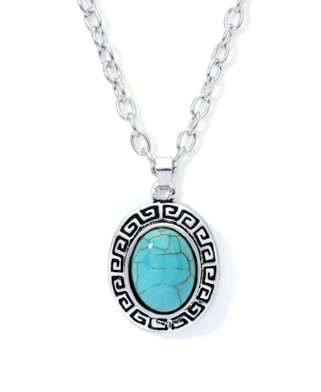 Macy's Simulated Turquoise Fine Silver Plated Oval Greek Key Design Pendant Necklace & Reviews - Necklaces - Jewelry & Watches - Macy's