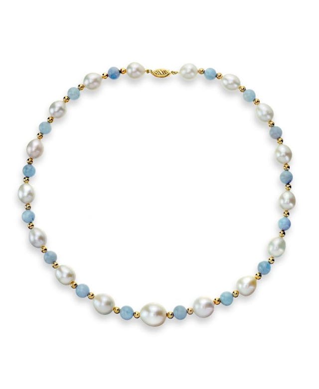 Macy's White Freshwater Cultured Pearl (10.5-11mm) with Blue Aquamarine (8mm), and Gold Beads (4mm) 18" Necklace in 14k Yellow Gold & Reviews - Necklaces  - Jewelry & Watches - Macy's