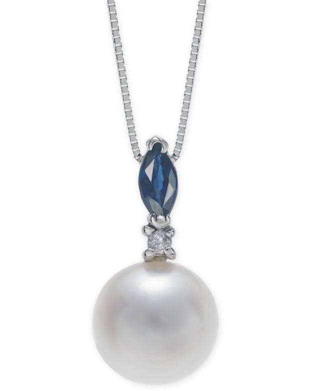 Macy's Cultured Freshwater Pearl (7-1/2mm), Sapphire (1/4 ct. t.w.) & Diamond Accent 18" Pendant Necklace in 14k White Gold & Reviews - Necklaces  - Jewelry & Watches - Macy's