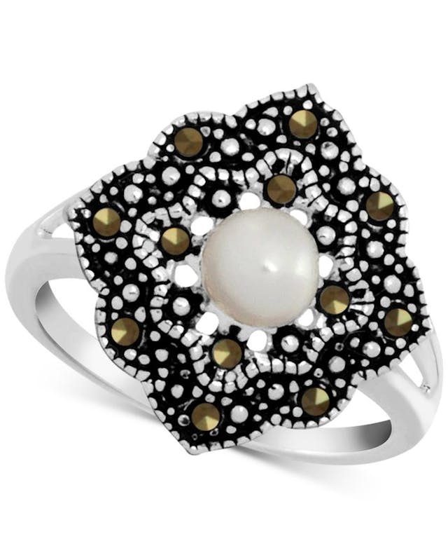 Macy's Genuine Swarovski Marcasite & Freshwater Pearl (5mm) Ring in Fine Silver-Plate & Reviews - Rings - Jewelry & Watches - Macy's
