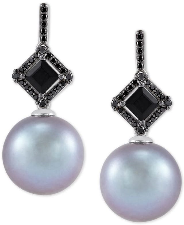 Honora Cultured Grey Ming Pearl (12mm), Black Diamond (1/10 ct. t.w.) & Onyx (6mm) Drop Earrings in 14k White Gold & Reviews - Earrings - Jewelry & Watches - Macy's