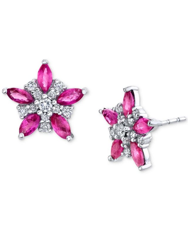 Macy's Ruby (1 ct. t.w.) & Diamond (1/5 ct. t.w.) Star-Flower Stud Earrings in 14k White Gold & Reviews - Rings - Jewelry & Watches - Macy's
