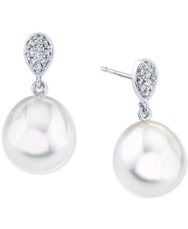 Macy's Cultured Oval Freshwater Pearl (11mm) & Diamond (1/6 ct. t.w.) Drop Earrings in 14k White Gold & Reviews - Earrings - Jewelry & Watches - Macy's