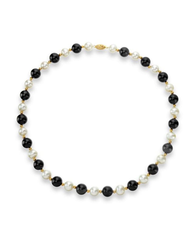 Macy's White Freshwater Cultured Pearl (9-9.5mm) with Black Onyx (10mm) and Gold Beads (3mm) 18" Necklace in 14k Yellow Gold & Reviews - Necklaces  - Jewelry & Watches - Macy's